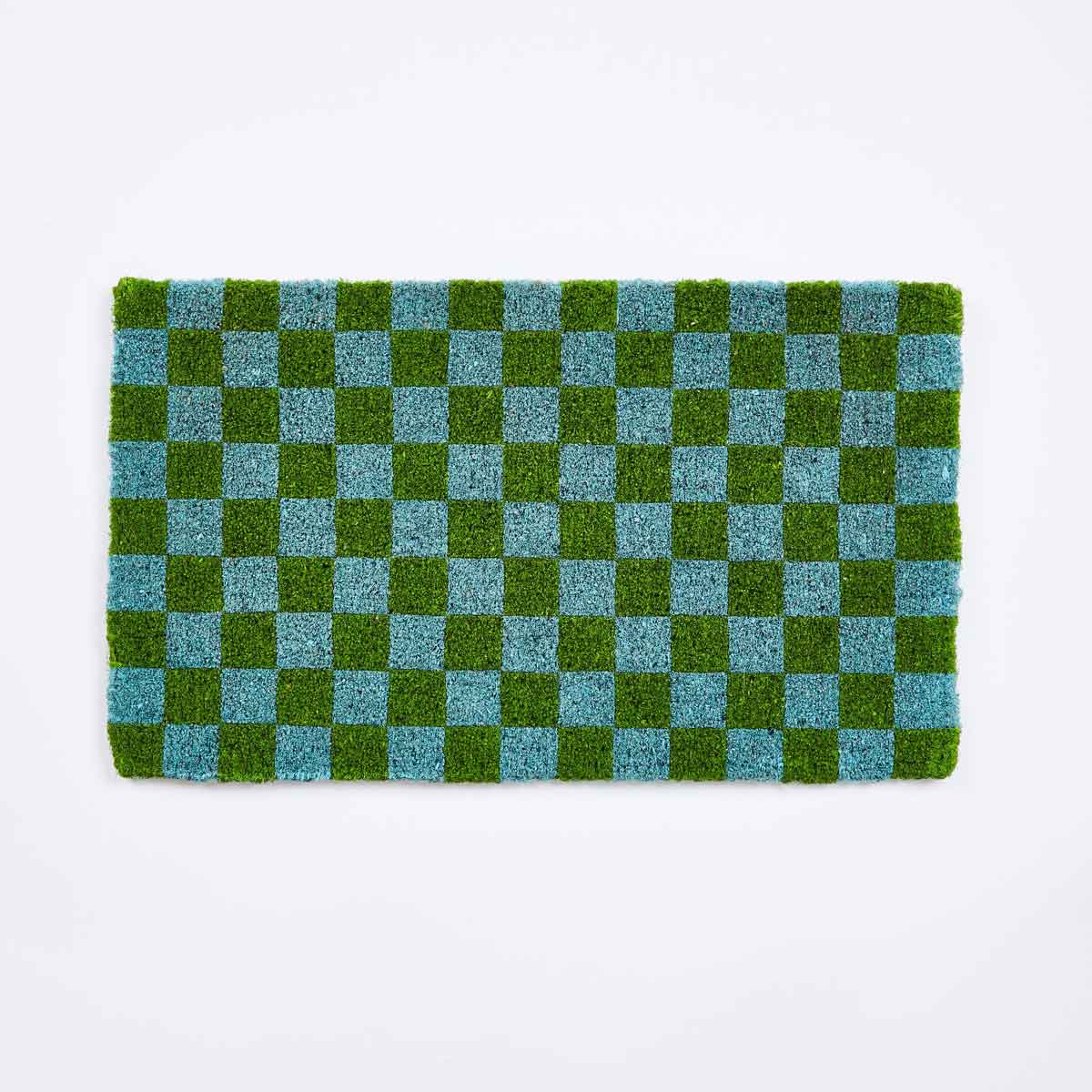 Checkers Blue Green Coir Doormat | Bonnie and Neil Stockist Belrose | Rugs N Timber