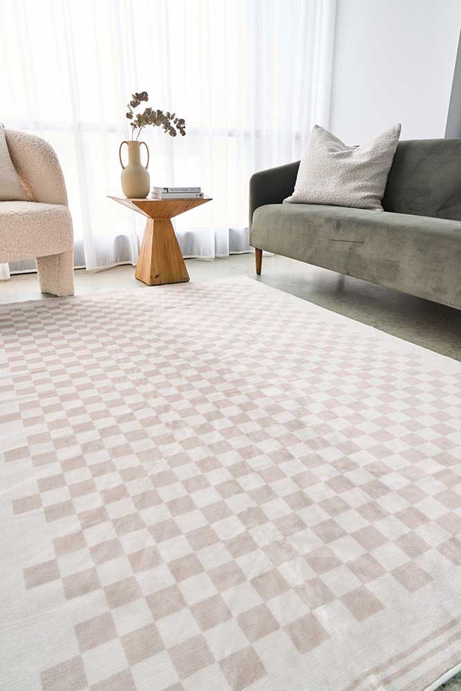 Lola Checkerboard Beige Rug | Washable Rugs Belrose | Rugs N Timber